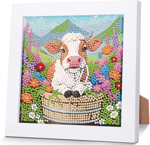 Diamond Painting Kinder Kuh-Kuh und Blume Diamond Painting mit Rahmen,Mosaik Bastelset Kinder für Kinder 8 9 10 11 Jahre 18X18 CM von luckyarina