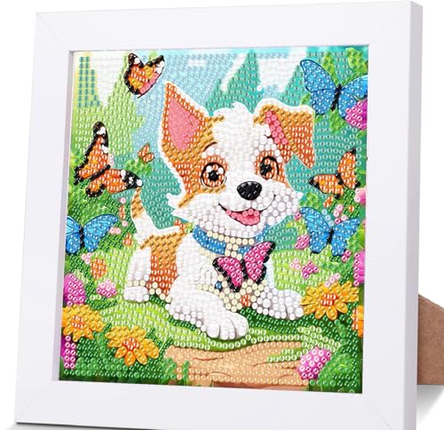 Diamond Painting Kinder Mit Rahmen Hund,Hunde Diamond Painting Kinder Leinwand,Tiere Diamant Painting Kinder Geschenk Mädchen Bastelset Kinder ab 7 8 9 10 11 12 Jahre mit Geschenkbox 15x15cm von luckyarina