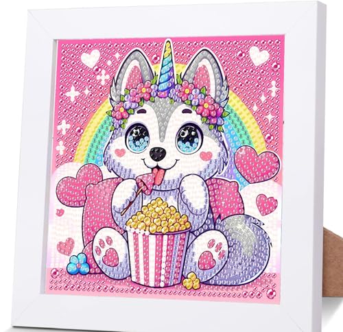 Diamond Painting Kinder Mit Rahmen Hunde,Hund Diamond Painting Kinder Leinwand,Tiere Diamant Painting Kinder Geschenk Mädchen Bastelset Kinder ab 7 8 9 10 11 12 Jahre mit Geschenkbox 15x15cm von luckyarina