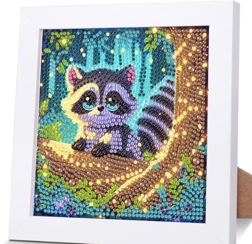 Diamond Painting Kinder Mit Rahmen Waschbär,Tiere Diamond Painting Kinder Leinwand,Waschbär Diamant Painting Kinder Geschenk Mädchen Bastelset Kinder ab 7 8 9 10 11 12 Jahre mit Geschenkbox 15x15cm von luckyarina