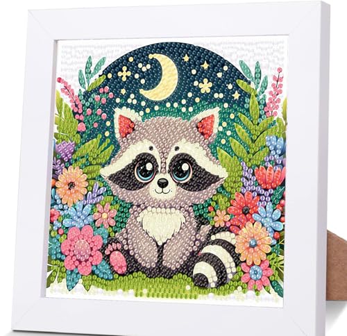 Diamond Painting Kinder Mit Rahmen Waschbär,Waschbär Diamond Painting Kinder Leinwand,Tiere Diamant Painting Kinder Geschenk Mädchen Bastelset Kinder ab 7 8 9 10 11 12 Jahre mit Geschenkbox 15x15cm von luckyarina