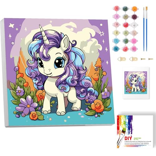 Einhorn Malen nach Zahlen Kinder mit Rahmen- Tiere Paint by Numbers für Kind, Cute Ölgemälde Kinder ab 5 6 7 8 9 Jahre für Wall Decoration 20x20cm von luckyarina