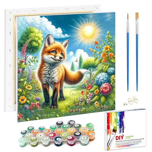 Fuchs Malen Nach Zahlen Kinder mit Rahmen- Fuchs Malen Nach Zahlen Kinder Leinwand, Tiere Paint by Numbers Kids mit Geschenkbox DIY Handgemalt Ülgemalde für Geschenk Home Wand Décor 20x20cm von luckyarina