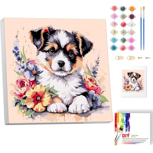 Hund Malen nach Zahlen Kinder mit Rahmen- Blumen Paint by Numbers für Kind, Tiere Ölgemälde Kinder ab 5 6 7 8 9 Jahre für Geschenke und Home Wand Dekor 20x20cm von luckyarina