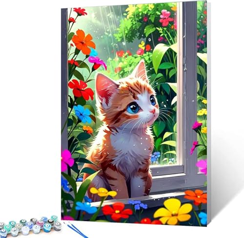 Katze Malen Nach Zahlen Kinder Mit Rahmen-Malen Nach Zahlen Kinder Leinwand Ölgemälde,Tiere Paint by Numbers Katze im Winter Mit Geschenkbox DIY ab 5 6 7 8 9 Jahre Mädchen Bastelset Geschenk 20x30cm von luckyarina