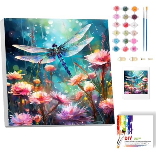 Libelle Malen nach Zahlen Erwachsene mit Rahmen- Blumen Paint by Numbers Adult, Malen nach Zahlen Erwachsene Tiere für Schlafzimmer Wohnzimmer Deko 20x20CM von luckyarina