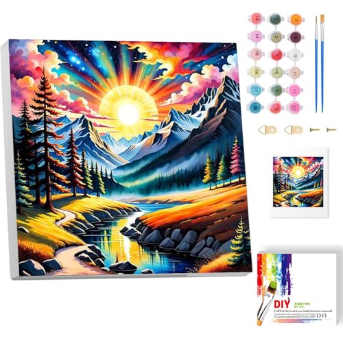 Malen Nach Zahlen Erwachsene Mit Rahmen-Berg Malen Nach Zahlen Erwachsene Leinwand,Sonnenaufgang Landschaft Paint by Numbers Adult Mit Geschenkbox DIY Ülgemalde für Geschenk Home Wand Décor 20x20cm von luckyarina