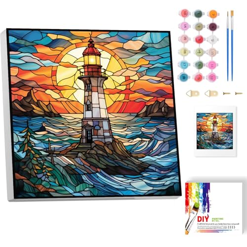 Malen Nach Zahlen Erwachsene Mit Rahmen-Leuchtturm Malen Nach Zahlen Erwachsene Leinwand,Glasmalerei Paint by Numbers Adult Mit Geschenkbox DIY Ülgemalde für Geschenk Home Wand Décor 20x20cm von luckyarina