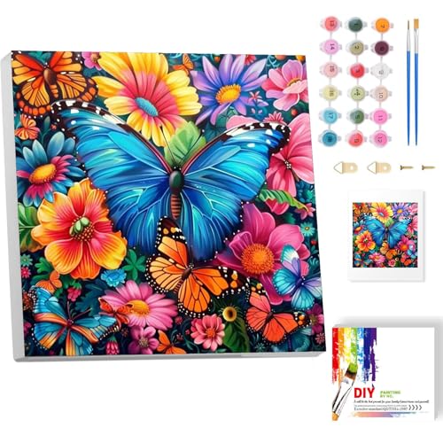 Malen Nach Zahlen Erwachsene Mit Rahmen-Schmetterling Malen Nach Zahlen Erwachsene Leinwand,Blumen Paint by Numbers Adult Mit Geschenkbox DIY Handgemalt Ülgemalde für Geschenk Home Wand Décor 20x20cm von luckyarina