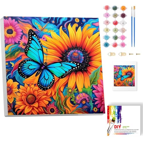 Malen Nach Zahlen Erwachsene Mit Rahmen-Schmetterling Malen Nach Zahlen Erwachsene Leinwand,Sonnenblume Blumen Paint by Numbers Adult Mit Geschenkbox Ülgemalde für Geschenk Home Wand Décor 20x20cm von luckyarina