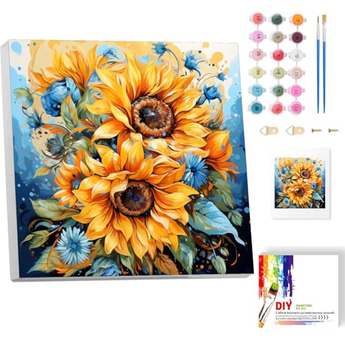 Malen Nach Zahlen Erwachsene Mit Rahmen-Sonnenblumen Malen Nach Zahlen Erwachsene Leinwand,Blumen Paint by Numbers Adult Mit Geschenkbox DIY Handgemalt Ülgemalde für Geschenk Home Wand Décor 20x20cm von luckyarina