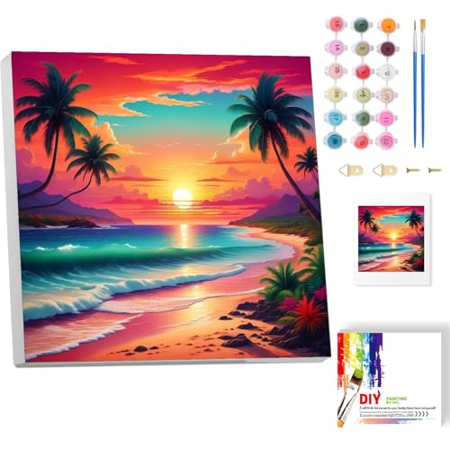 Malen Nach Zahlen Erwachsene Mit Rahmen-Strand Malen Nach Zahlen Erwachsene Leinwand,Sonnenuntergang Landschaft Paint by Numbers Adult Mit Geschenkbox Ülgemalde für Geschenk Home Wand Décor 20x20cm von luckyarina