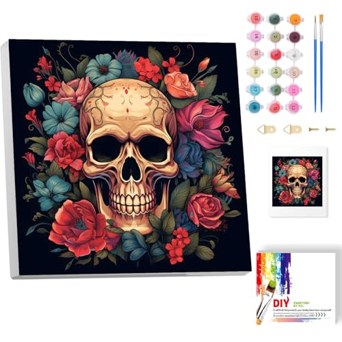 Malen Nach Zahlen Erwachsene Mit Rahmen-Totenkopf Malen Nach Zahlen Erwachsene Leinwand,Blume Paint by Numbers Adult Mit Geschenkbox DIY Handgemalt Ülgemalde für Geschenk Home Wand Décor 20x20cm von luckyarina