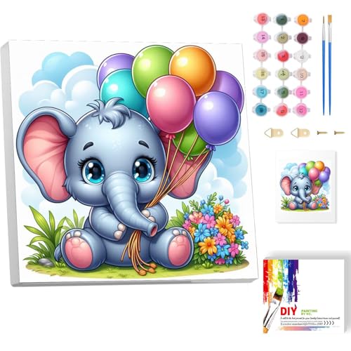 Malen Nach Zahlen Kinder Mit Rahmen-Elefant Malen Nach Zahlen Kinder Leinwand Ölgemälde,Tiere Paint by Numbers Mit Geschenkbox DIY ab 5 6 7 8 9 Jahre Mädchen und Jungen Bastelset Geschenk 20x20cm von luckyarina