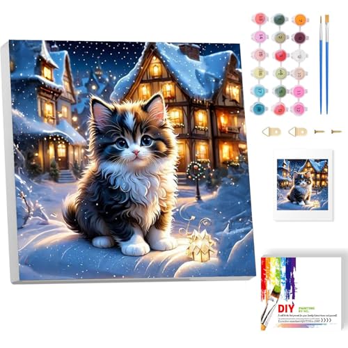 Malen Nach Zahlen Kinder Mit Rahmen-Katze Malen Nach Zahlen Kinder Leinwand Ölgemälde,Tiere Paint by Numbers Katze im Winter Mit Geschenkbox DIY ab 5 6 7 8 9 Jahre Mädchen Bastelset Geschenk 20x20cm von luckyarina