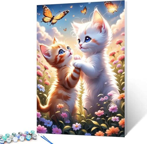 Malen Nach Zahlen Kinder Mit Rahmen-Katze Malen Nach Zahlen Kinder Leinwand Ölgemälde,Tiere Paint by Numbers Katze im Winter Mit Geschenkbox DIY ab 5 6 7 8 9 Jahre Mädchen Bastelset Geschenk 20x30cm von luckyarina