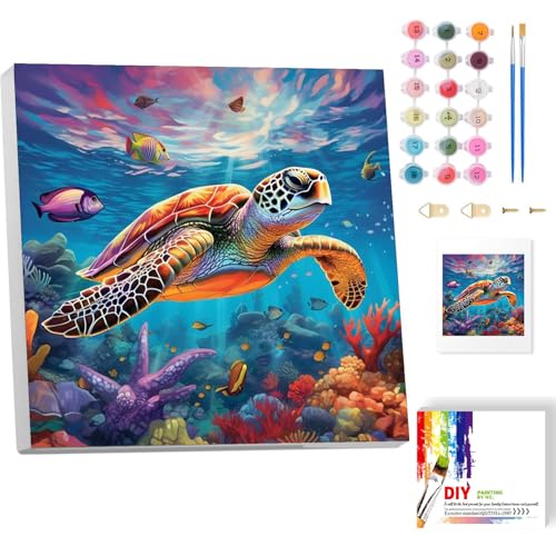 Meeresschildkröte Malen Nach Zahlen Erwachsene Mit Rahmen-Malen Nach Zahlen Erwachsene Leinwand,Meerestier Paint by Numbers Adult Mit Geschenkbox DIY Ülgemalde für Geschenk Home Wand Décor 20x20cm von luckyarina