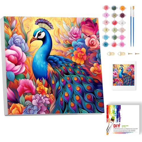 Pfau Malen nach Zahlen Erwachsene mit Rahmen- Blumen Paint by Numbers Adult, Tiere Ölgemälde als Geschenk für Home Wand Décor 20x20CM von luckyarina