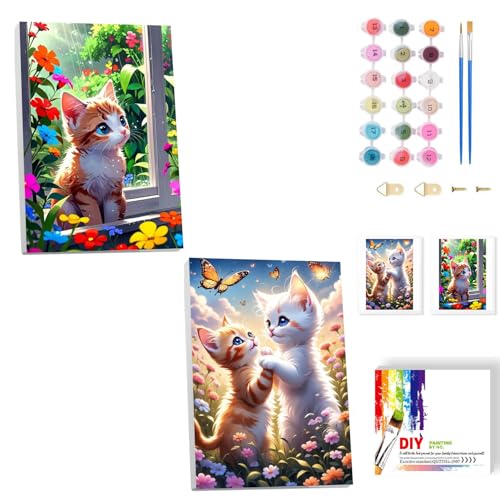 luckyarina 2 Stück Katze Malen nach Zahlen Kinder mit Rahmen- Tiere Malen nach Zahlen mit Rahmen 2 Stück, Paint by Number for Kids Set ab 5 6 7 Jahre 20x30 CM von luckyarina