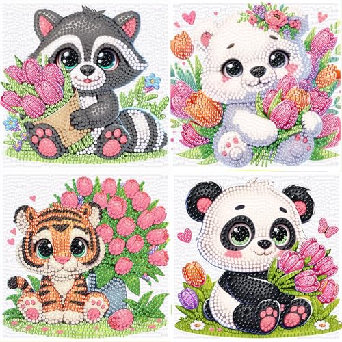 luckyarina 4er Set Diamond Painting Kinder,Tiere Diamond Painting Leinwand Kinder,Tieren Diamant Painting Bilder Kinder Full Drill Bastelset Geschenke für Junge Mädchen 7 8 9 10 11 12 Jahre 15x15cm von luckyarina