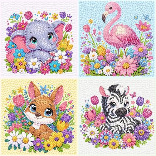 luckyarina 4er Set Diamond Painting Kinder,Tiere Diamond Painting Leinwand Kinder,Tieren Diamant Painting Bilder Kinder Full Drill Bastelset Geschenke für Mädchen Junge 7 8 9 10 11 12 Jahre 15x15cm von luckyarina