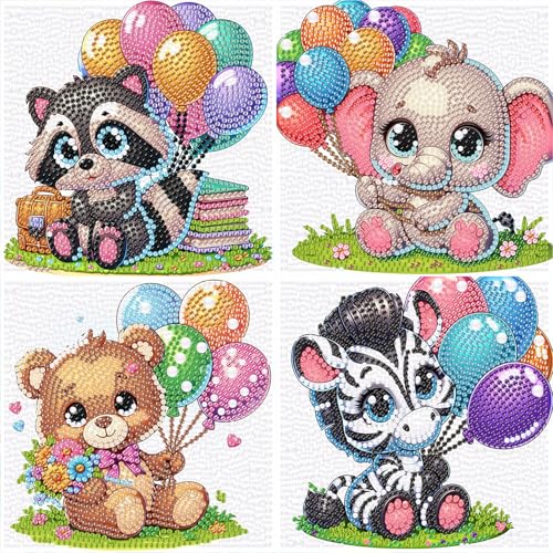 luckyarina Diamond Painting 4er Set- Pferd, Waschbär, Tragen, Elefant, Diamond Painting für Kinder Tiere, Diamant Painting für 8 9 10 11 Jahre 15X15 CM von luckyarina