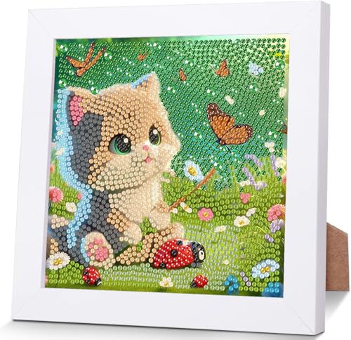 luckyarina Diamond Painting Katze mit Rahmen-Katze Diamant Painting Bilder Kinder,Mosaik Bastelset Kinder für Kinder 8 9 10 11 Jahre,als Geschenk für Home Wand Décor 18X18 CM von luckyarina