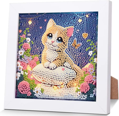 luckyarina Diamond Painting Katze mit Rahmen-Katze Diamant Painting Bilder Kinder,Mosaik Bastelset Kinder für Kinder 8 9 10 11 Jahre,für Haus Dekoration 18X18 CM von luckyarina