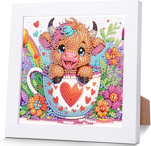 luckyarina Diamond Painting Kinder Kuh-Diamond Painting Tiere mit Rahmen,Mosaik Bastelset Kinder für Kinder 8 9 10 11 Jahre,für Haus Dekoration 18X18 CM von luckyarina