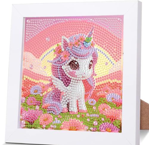 luckyarina Diamond Painting Kinder Mit Rahmen Einhorn,Einhörner Diamond Painting Kinder Leinwand,Cartoon Diamant Painting Kinder Geschenk Mädchen Bastelset Kinder ab 12 Jahre mit Geschenkbox 15x15cm von luckyarina