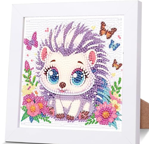 luckyarina Diamond Painting Kinder Mit Rahmen Igel,Tiere Diamond Painting Kinder Leinwand,Tiere Diamant Painting Kinder Geschenk Mädchen Bastelset Kinder ab 9 Jahre mit Geschenkbox 15x15cm von luckyarina