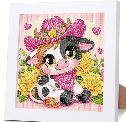 luckyarina Diamond Painting Kinder Mit Rahmen Kuh,Kühe Diamond Painting Kinder Leinwand,Tiere Diamant Painting Kinder Geschenk Mädchen Bastelset Kinder ab 7 8 9 10 11 12 Jahre mit Geschenkbox 15x15cm von luckyarina