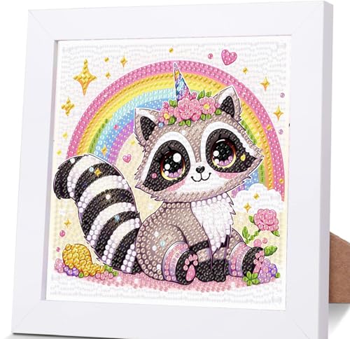 luckyarina Diamond Painting Kinder Mit Rahmen Waschbär,Waschbär Diamond Painting Kinder Leinwand,Tiere Diamant Painting Kinder Geschenk Mädchen Bastelset Kinder ab 7 Jahre mit Geschenkbox 15x15cm von luckyarina