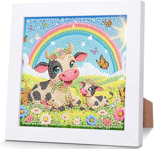 luckyarina Diamond Painting Kuh mit Rahmen-Kuh Diamant Painting Bilder Kinder,Mosaik Bastelset Kinder für Kinder 8 9 10 11 Jahre,als Geschenk für Home Wand Décor 18X18 CM von luckyarina