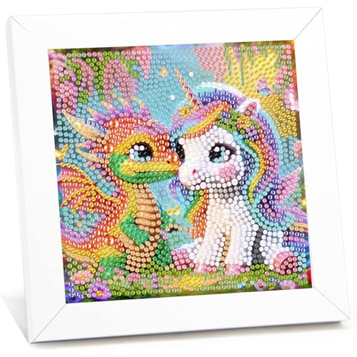 luckyarina Einhorn Diamond Painting Kinder Mit Rahmen-Diamond Painting Bilder Drache,Tiere Diamond Painting Kinder ab 4 6 8 10 Jahreals Geschenk für Home Wand Décor (18X18 cm) von luckyarina