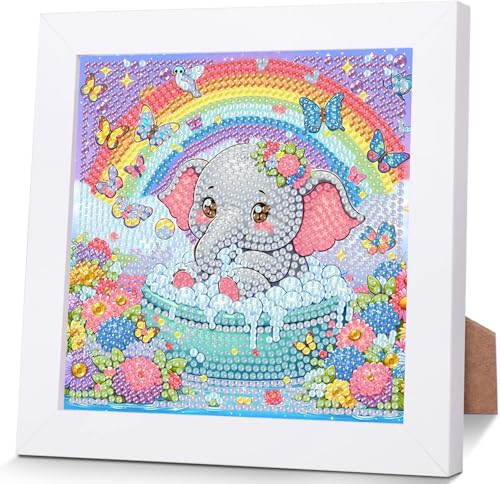 luckyarina Elefant Diamond Painting für Kinder mit Rahmen- Tiere Diamant Painting Bilder, Elefant 5D Diamond Painting für 8 9 10 11 Jahre als Geschenk für Home Wand Décor 18X18 CM von luckyarina