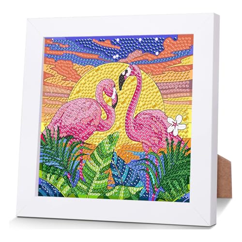 luckyarina Flamingo Diamond Painting Kinder mit Rahmen- Tiere Diamant Painting Bilder Kinder, Tiere Mosaik Bastelset Kinder für Kinder 8 9 10 11 Jahre 18X18CM von luckyarina