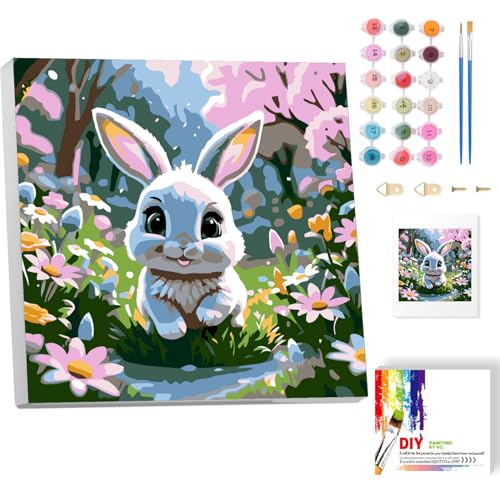 luckyarina Hase Malen nach Zahlen Kinder mit Rahmen, Tiere Paint by Numbers für Kind, Cute Ölgemälde Kinder ab 5 6 7 8 9 Jahre für Haus Dekoration 20x20cm von luckyarina