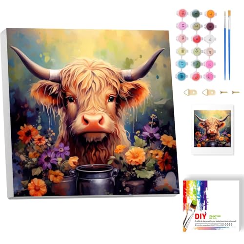 luckyarina Hochlandkuh Malen nach Zahlen Erwachsene mit Rahmen- Tiere Paint by Numbers Adult, Hochlandkuh Ölgemälde für Schlafzimmer Wohnzimmer Deko 20x20CM von luckyarina