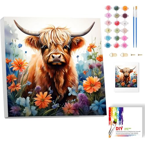 luckyarina Hochlandrinder Malen nach Zahlen Erwachsene mit Rahmen- Tiere Paint by Numbers Adult, Cow Malen Nach Zahlen für Erwachsene für Home Wand Décor Geschenk 20x20 cm von luckyarina