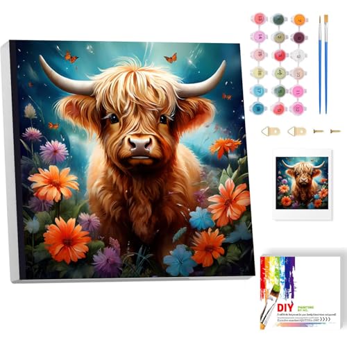 luckyarina Hochlandrinder Malen nach Zahlen Erwachsene mit Rahmen- Tiere Paint by Numbers Adult, DIY Handgemalt Ölgemälde Kit Als Geschenk Heimdekoration Wand Dekor 20x20 cm von luckyarina