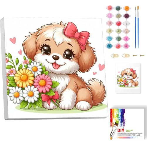 luckyarina Hund Malen nach Zahlen Kinder mit Rahmen- Tiere Paint by Numbers für Kind, Cute Ölgemälde Kinder ab 5 6 7 8 9 Jahre, für Hause Dekoration Verwendet Werden 20x20cm von luckyarina