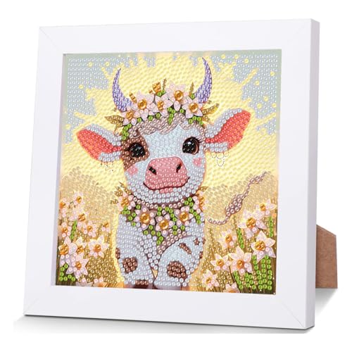 luckyarina Kuh Diamond Painting Kinder mit Rahmen- Tiere Diamant Painting Bilder Kinder, Mosaik Bastelset Kinder für Kinder 8 9 10 11 Jahre 18X18CM von luckyarina