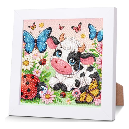 luckyarina Kuh Diamond Painting Kinder mit Rahmen- Tiere Diamant Painting Bilder Kinder, Schmetterling 5D Diamond Painting für Haus Dekoration 18X18CM von luckyarina