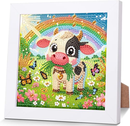 luckyarina Kuh Diamond Painting Kinder mit Rahmen- Tiere Diamant Painting Bilder kinder, 5D Diamond Painting Arts Craft für Home Wand Decor 18X18CM von luckyarina