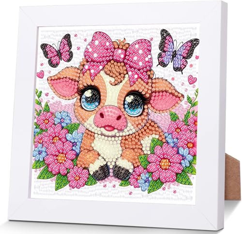 luckyarina Kuh Diamond Painting Kinder mit Rahmen- Tiere Diamant Painting Bilder kinder, Niedlich 5D Diamond Painting Kinder für 8 9 10 11 Jahre 18X18CM von luckyarina