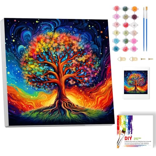 luckyarina Lebensbaum Malen Nach Zahlen Erwachsene mit Rahmen- Bunt Paint by Numbers Adult, Baum Ölgemälde für Geschenke und Home Wand Dekor 20x20CM von luckyarina