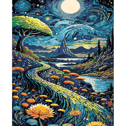 luckyarina Malen Nach Zahlen Erwachsene Landschaft-Mond Landschaft Paint by Numbers Adult,DIY Ölmalerei Bastelset für Geschenke und Home Wand Dekor 30X40 CM von luckyarina