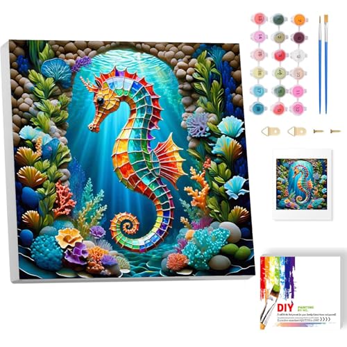 luckyarina Malen Nach Zahlen Erwachsene Mit Rahmen-Seepferdchen Malen Nach Zahlen Erwachsene Leinwand,Meerestiere Paint by Numbers Adult Mit Geschenkbox Ülgemalde für Geschenk Home Wand Décor 20x20cm von luckyarina