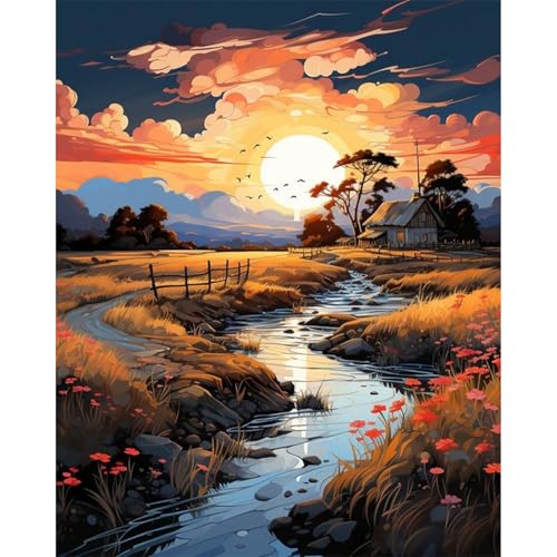 luckyarina Malen Nach Zahlen Erwachsene Sonnenuntergang-Paint by Numbers Adult Natur,DIY Handgemalt Ölgemälde Kit für Hause Dekoration verwendet werden40X50CM von luckyarina